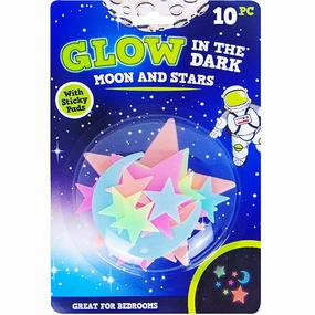 10 Assorted Colour Glow In The Dark Moon & Stars Stickers for Ages 3 