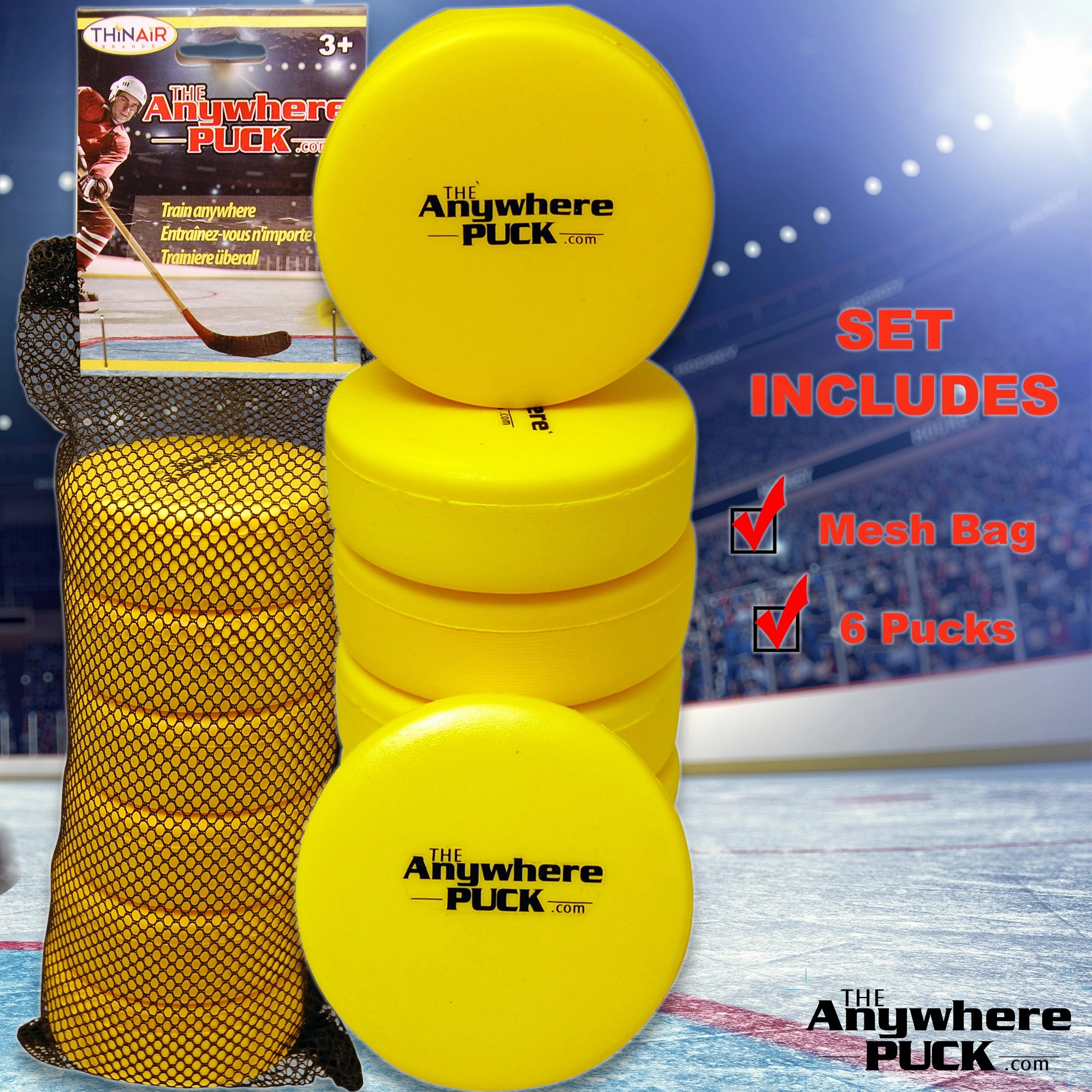 Anywhere Sports The Anywhere Puck 6-Pack Yellow Foam Hockey Training Set for Kids