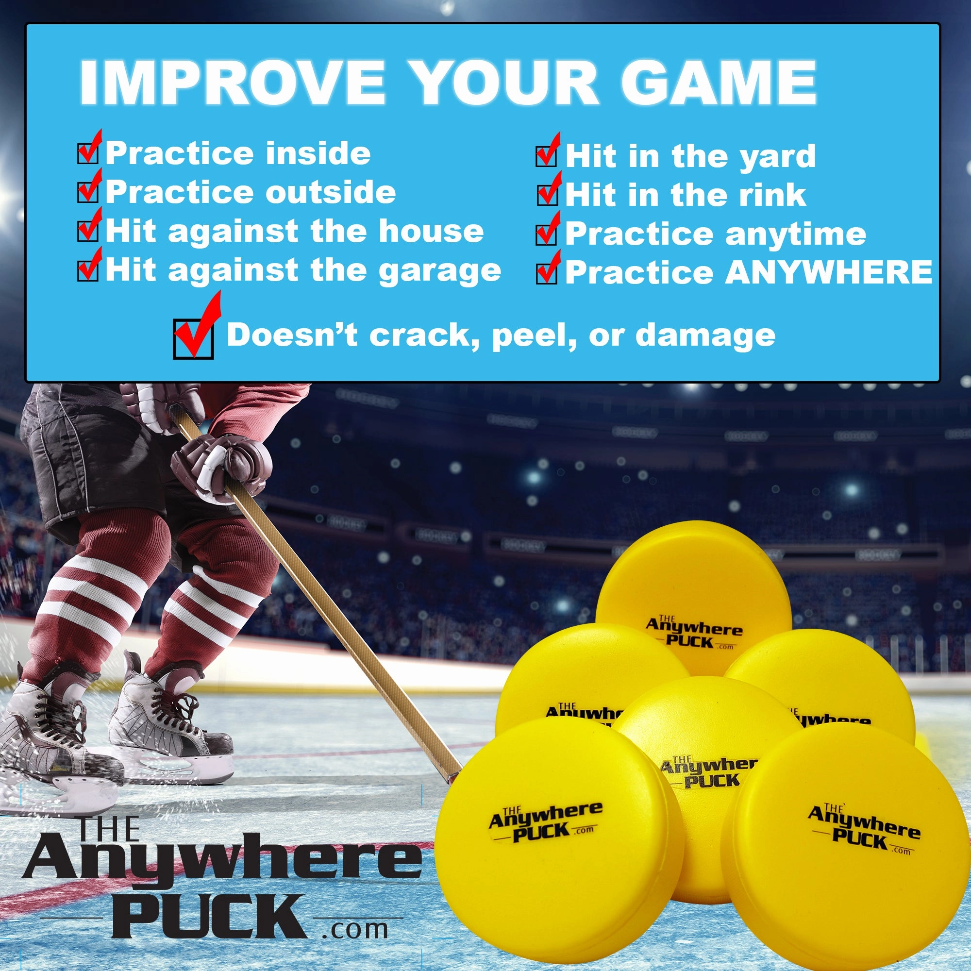 Anywhere Sports The Anywhere Puck 6-Pack Yellow Foam Hockey Training Set for Kids