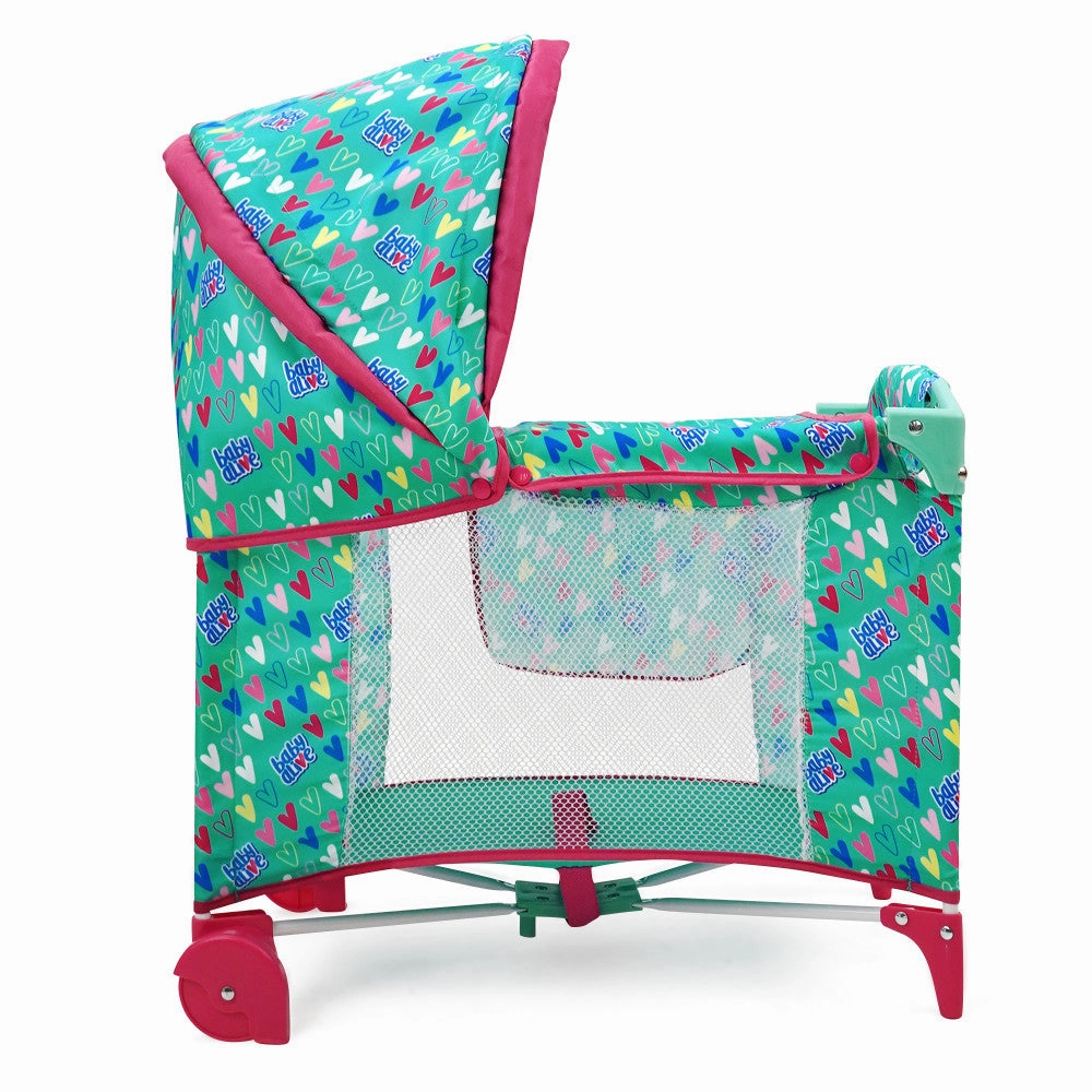 Baby Alive Deluxe Doll Play Yard with Canopy, Green & Pink Hearts