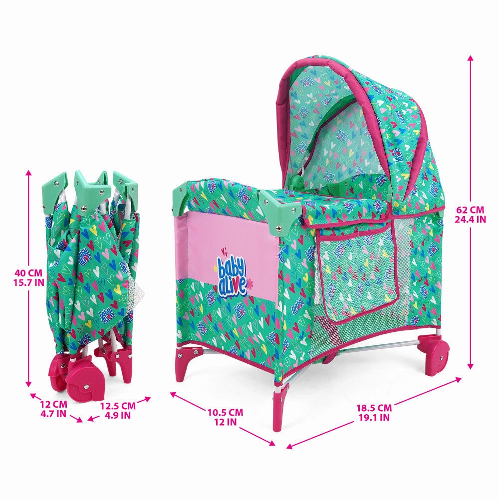 Baby Alive Deluxe Doll Play Yard with Canopy, Green & Pink Hearts
