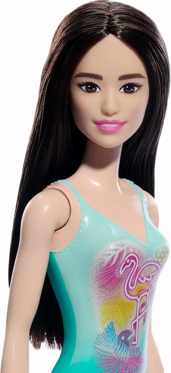Barbie Beach Doll With Black Hair Wearing Tropical Blue Swimsuit For Kids Ages 3 