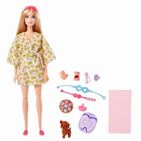 Barbie Wellness Doll Playset with Blonde Doll with Pet Puppy, Barbie Sets, Spa Day, Lemon Print Bathrobe, Headband and Eye Mask for Kids Ages 3 