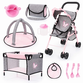 Bayer Design Dolls Buggy Playset with Accessories - Grey, Pink, Butterfly, Ages 3 
