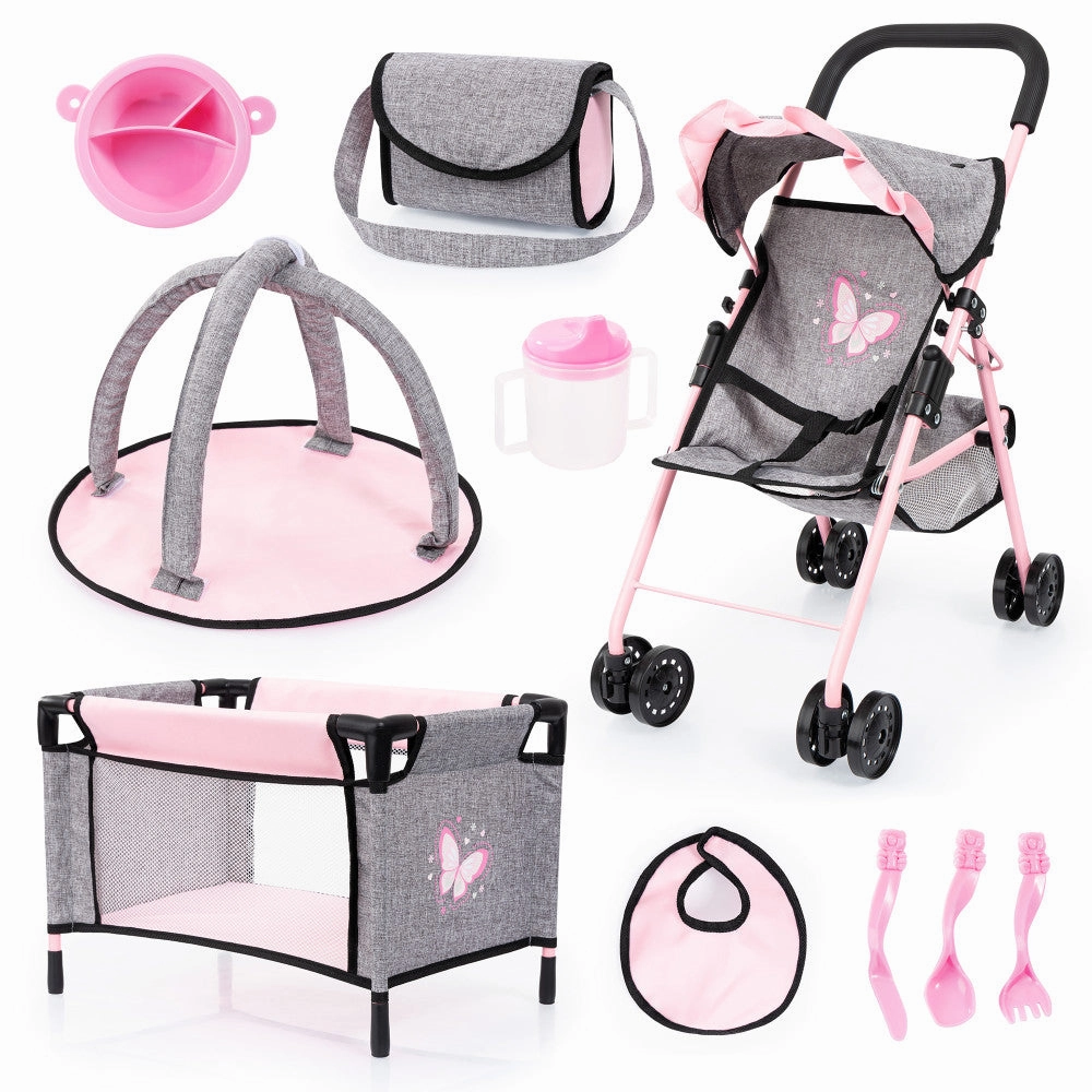 Bayer Design Dolls Buggy Playset with Accessories - Grey, Pink, Butterfly, Ages 3 