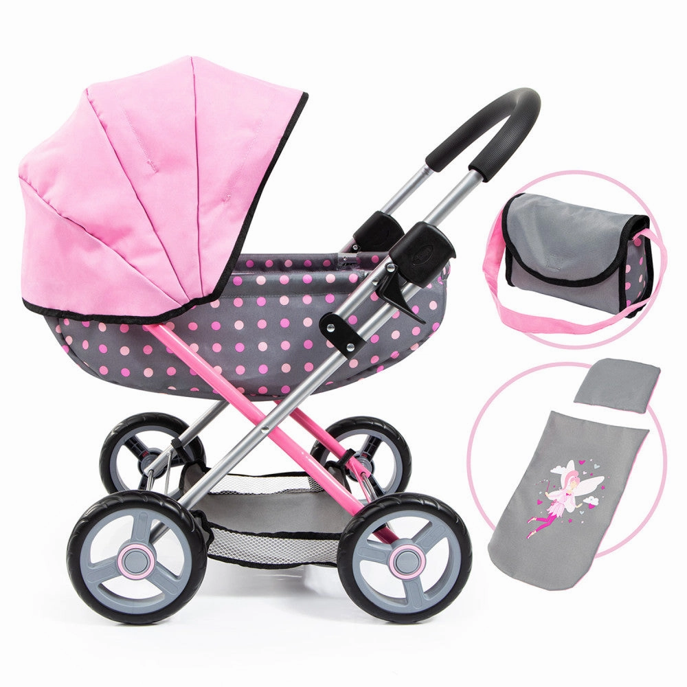 Bayer Design Fairy Polka Dot Doll Pram - Grey & Pink with Accessories