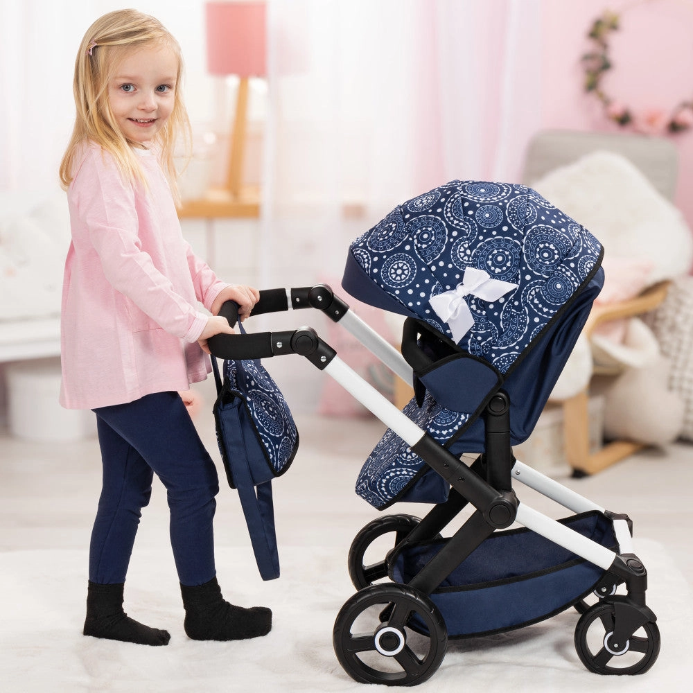 Bayer Design Xeo Pram Doll Stroller - Blue and White Circles for 18" Dolls
