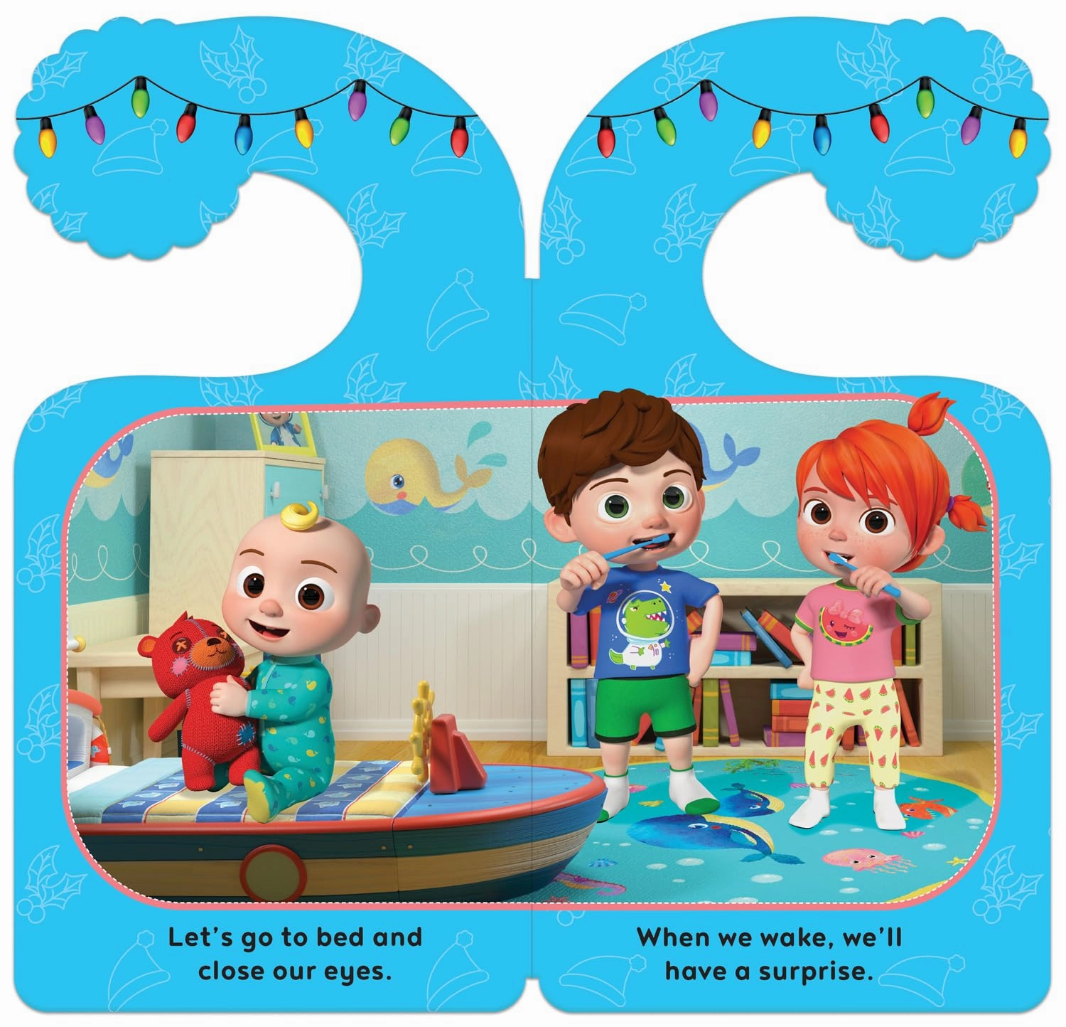 CoComelon Santa Stop Here! a childrens picture book and door hanger for Christmas Eve for Ages 18 months Above