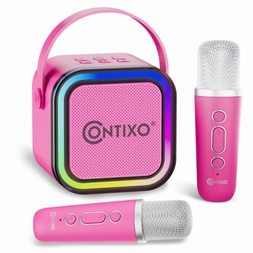 Contixo Mini Karaoke Machine, Party-Ready Portable Bluetooth Speaker   2 Wireless Mics - Pink
