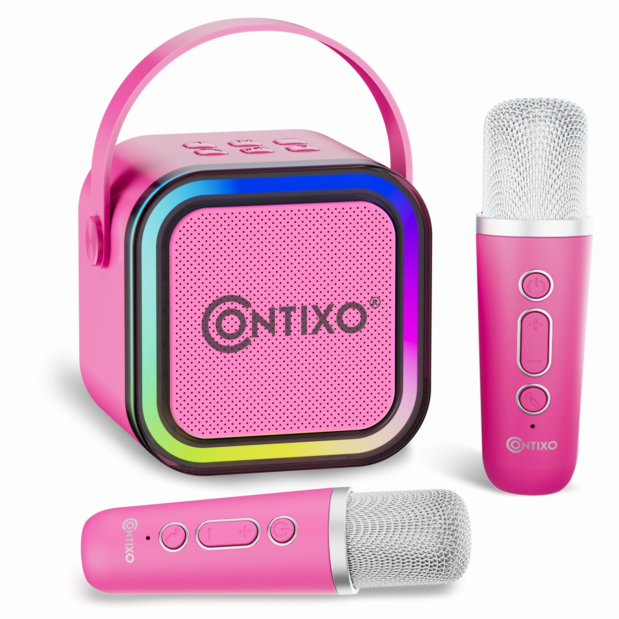 Contixo Mini Karaoke Machine, Party-Ready Portable Bluetooth Speaker   2 Wireless Mics - Pink