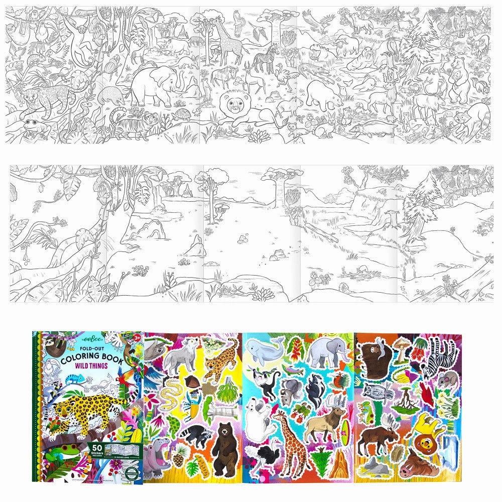 eeBoo Wild Things Fold-Out Coloring Mural Book with 50 Shiny Stickers