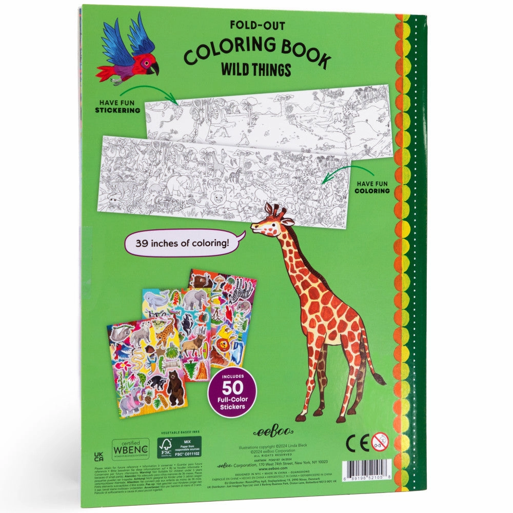 eeBoo Wild Things Fold-Out Coloring Mural Book with 50 Shiny Stickers