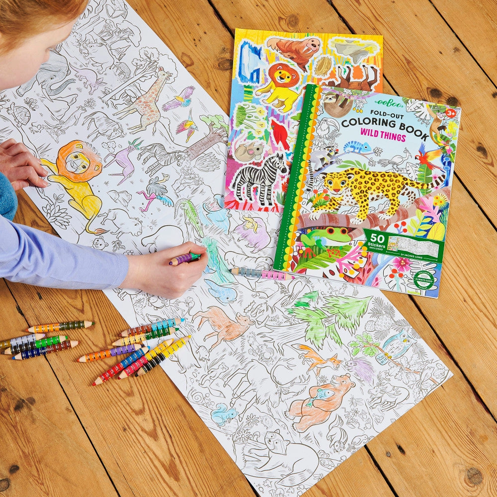 eeBoo Wild Things Fold-Out Coloring Mural Book with 50 Shiny Stickers