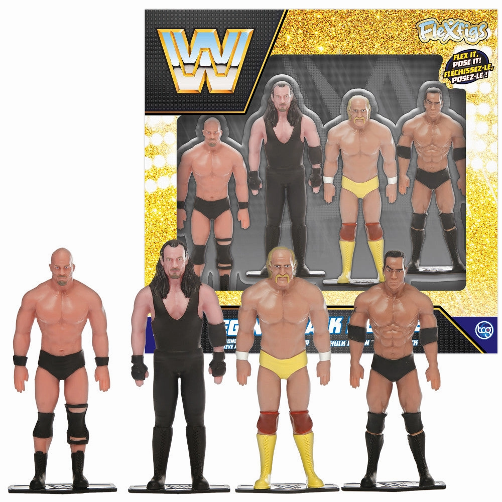 FleXfigs WWE Legends 4-7 inch Articulated Action Figures - The Rock, Hulk Hogan, Stone Cold, Undertaker