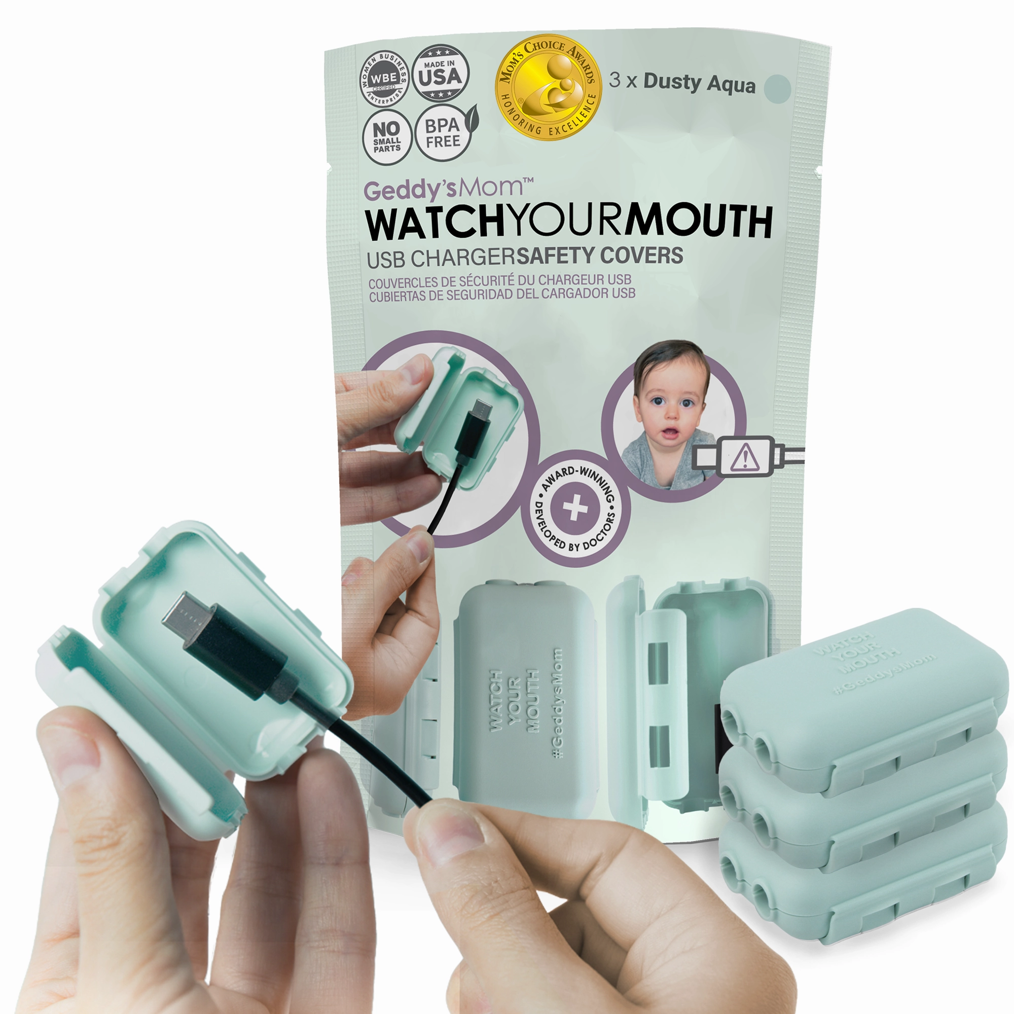 Geddy's Mom Watch Your Mouth - Baby Proofing USB Charger Cover - Dusty Aqua 3 Pack
