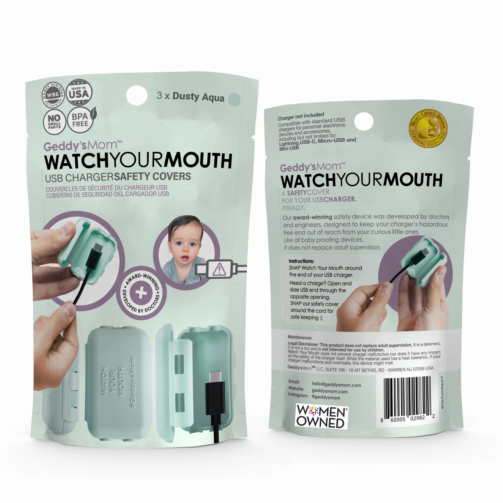Geddy's Mom Watch Your Mouth - Baby Proofing USB Charger Cover - Dusty Aqua 3 Pack