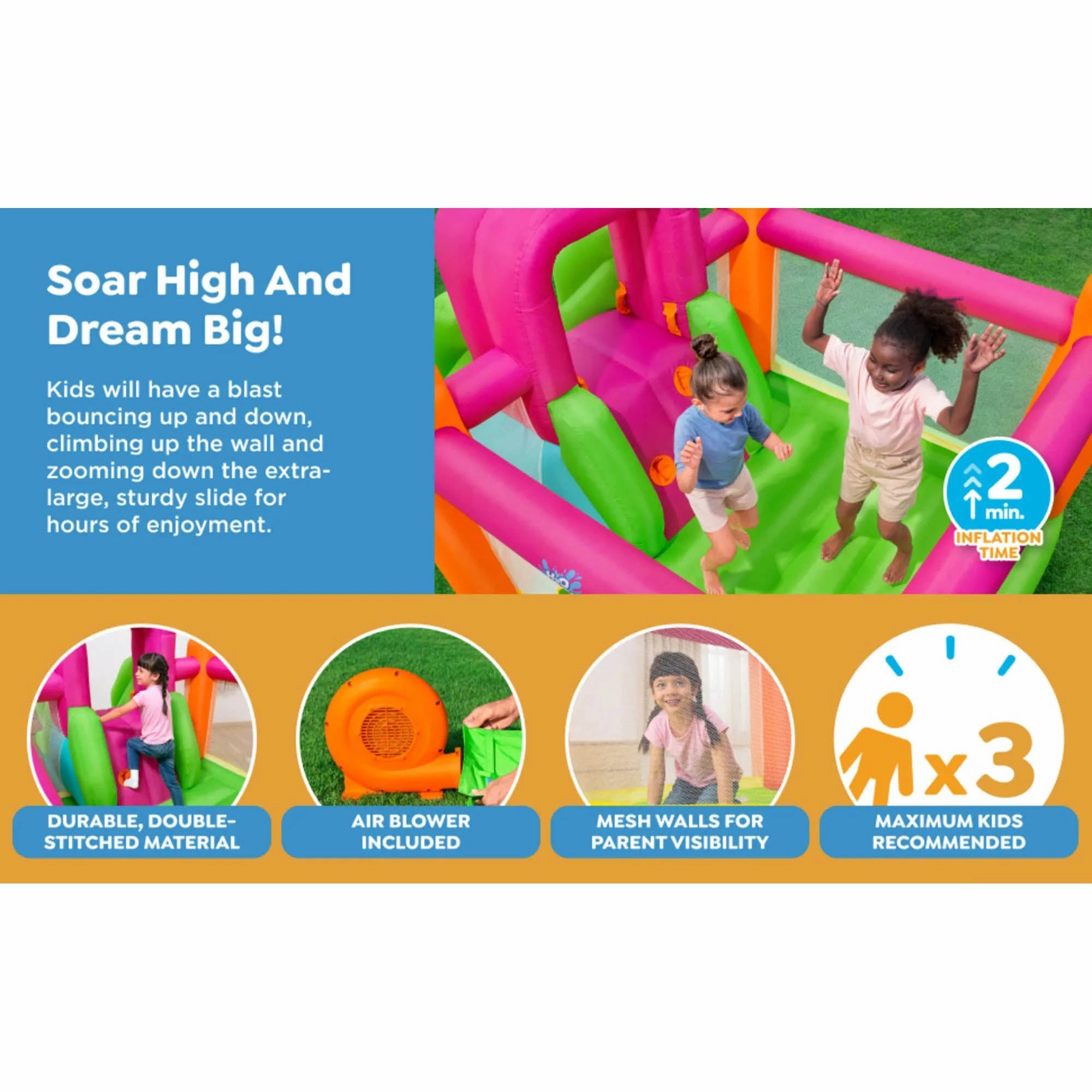 H2OGO! Mega Bouncer Inflatable Jumping Activity Center 10'11" x 6' 6" x 6' with Slide and Mesh Sidewalls