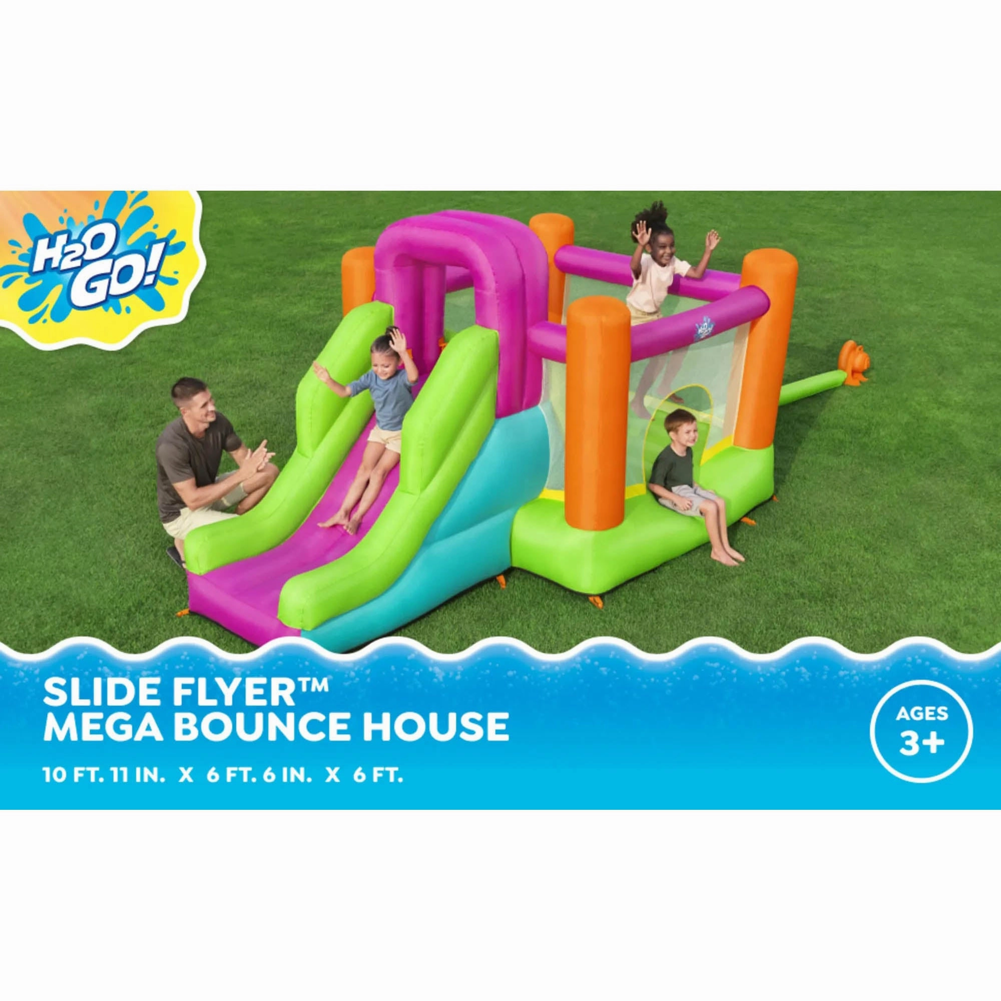 H2OGO! Mega Bouncer Inflatable Jumping Activity Center 10'11" x 6' 6" x 6' with Slide and Mesh Sidewalls
