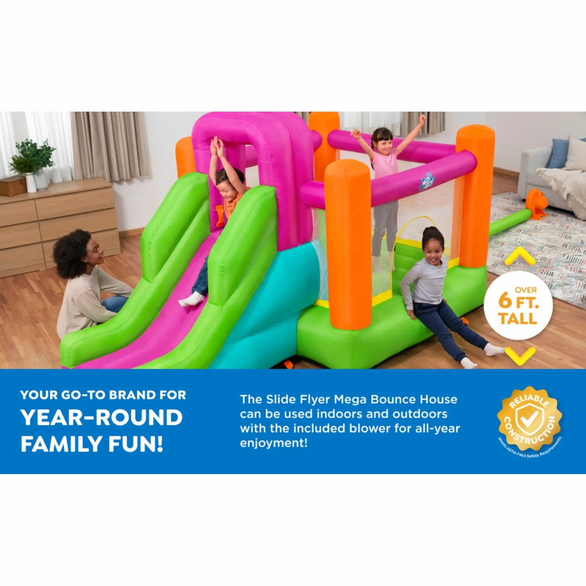 H2OGO! Mega Bouncer Inflatable Jumping Activity Center 10'11" x 6' 6" x 6' with Slide and Mesh Sidewalls