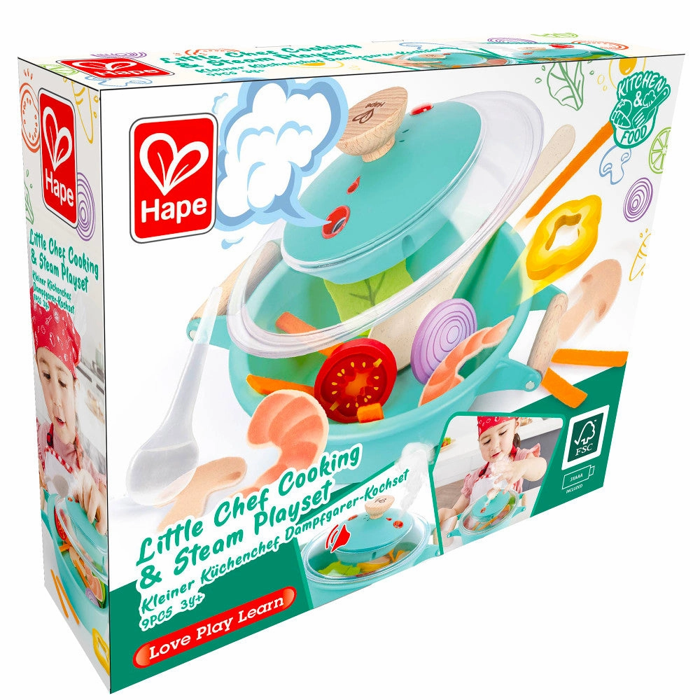 Hape Little Chef Teal Wooden Kitchen Playset - 9pc Cooking & Steam Set