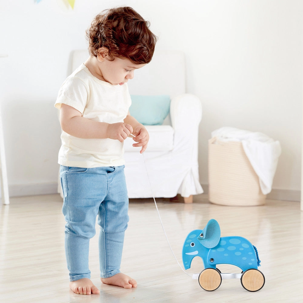 Hape Pull-Along Elephant - Blue Wooden Animal Toy