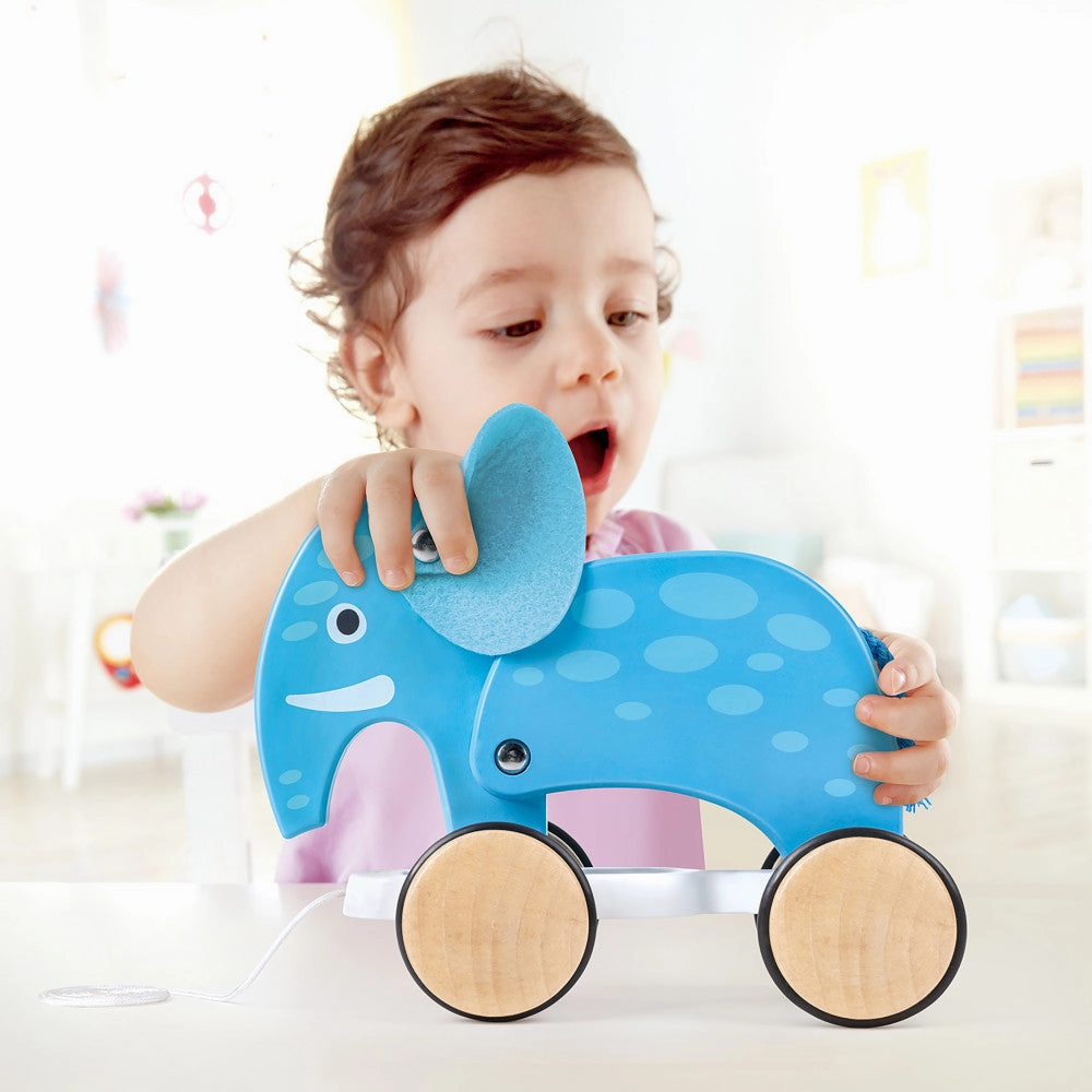 Hape Pull-Along Elephant - Blue Wooden Animal Toy