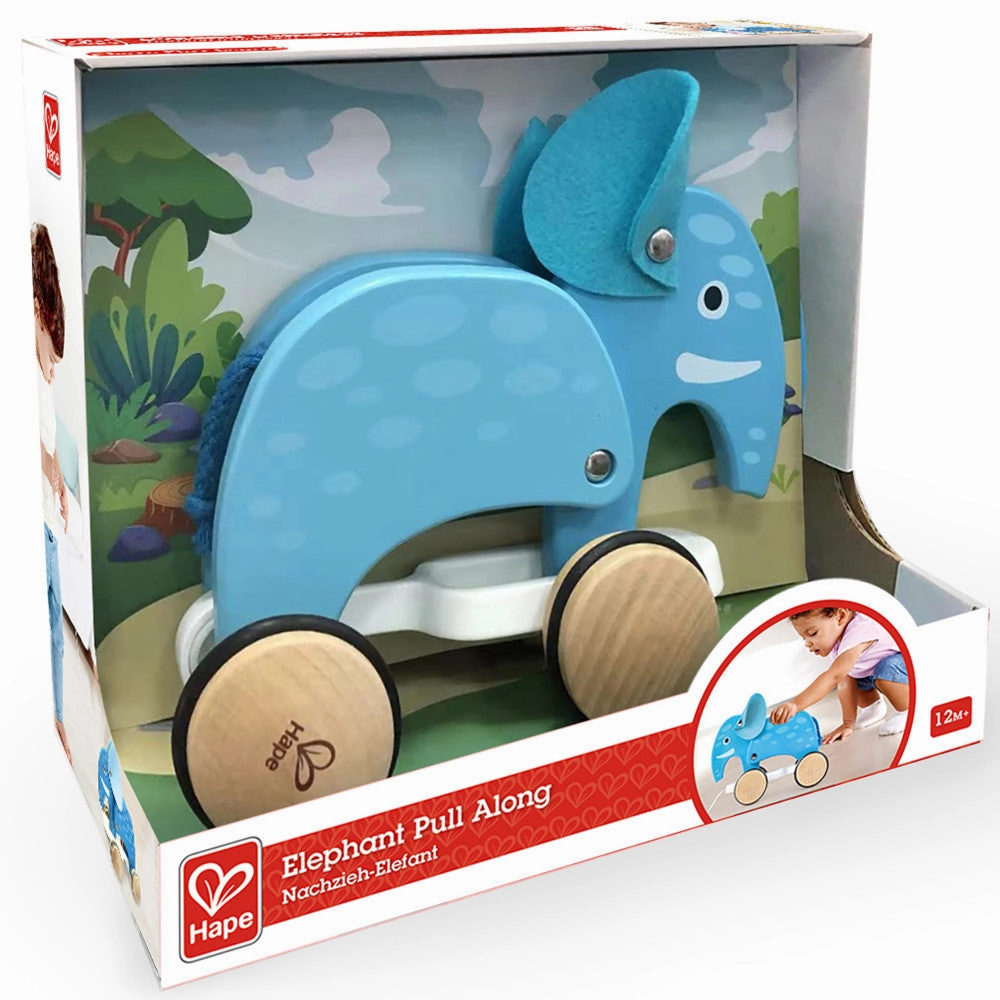 Hape Pull-Along Elephant - Blue Wooden Animal Toy