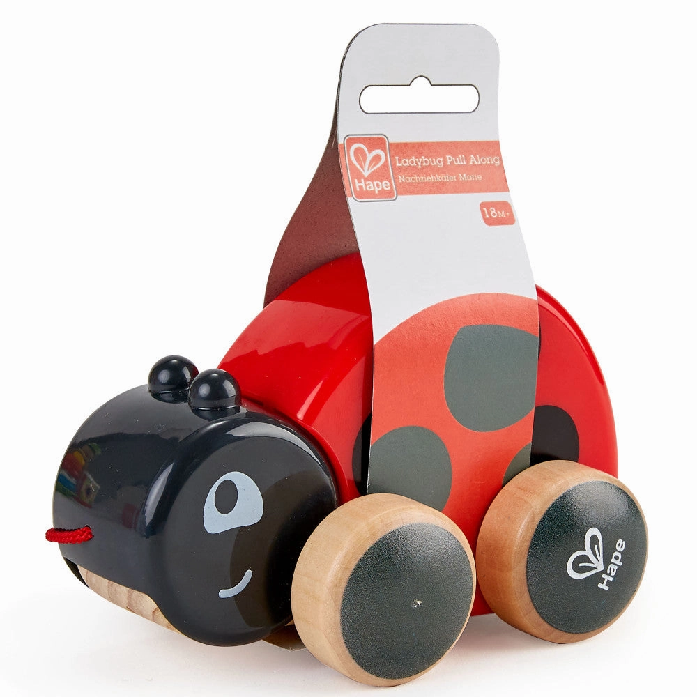Hape Pull-Along Ladybug  Red & Black, Wooden Toy with Moving Wings