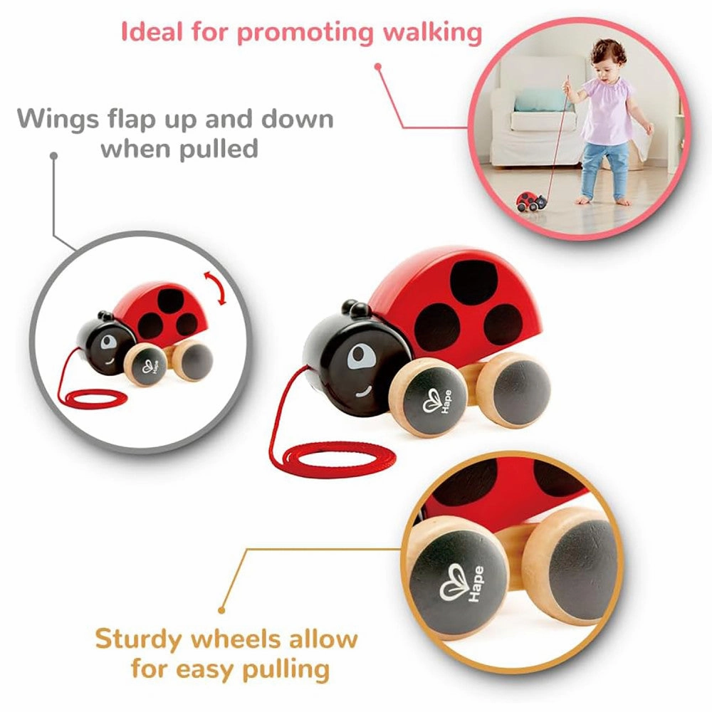 Hape Pull-Along Ladybug  Red & Black, Wooden Toy with Moving Wings
