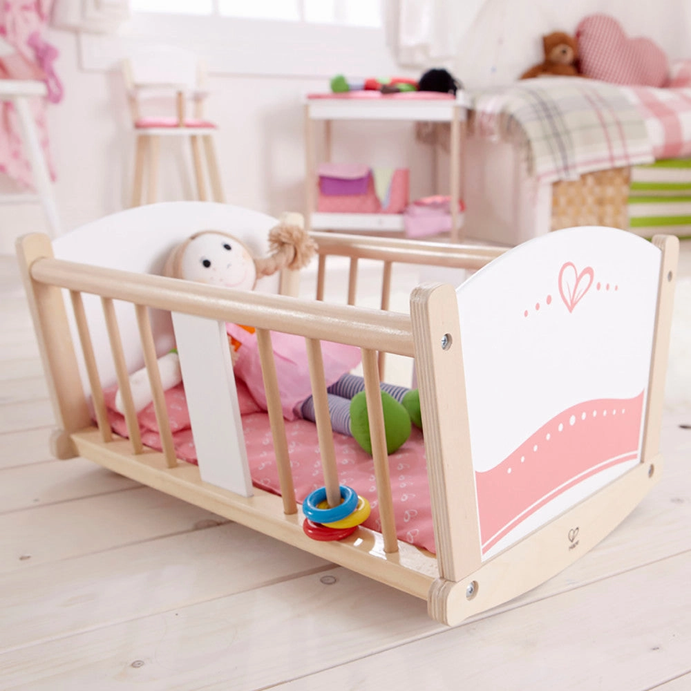 Hape Rock-A-Bye Baby Doll Cradle, Pink & White - Wooden Doll Cradle Playset