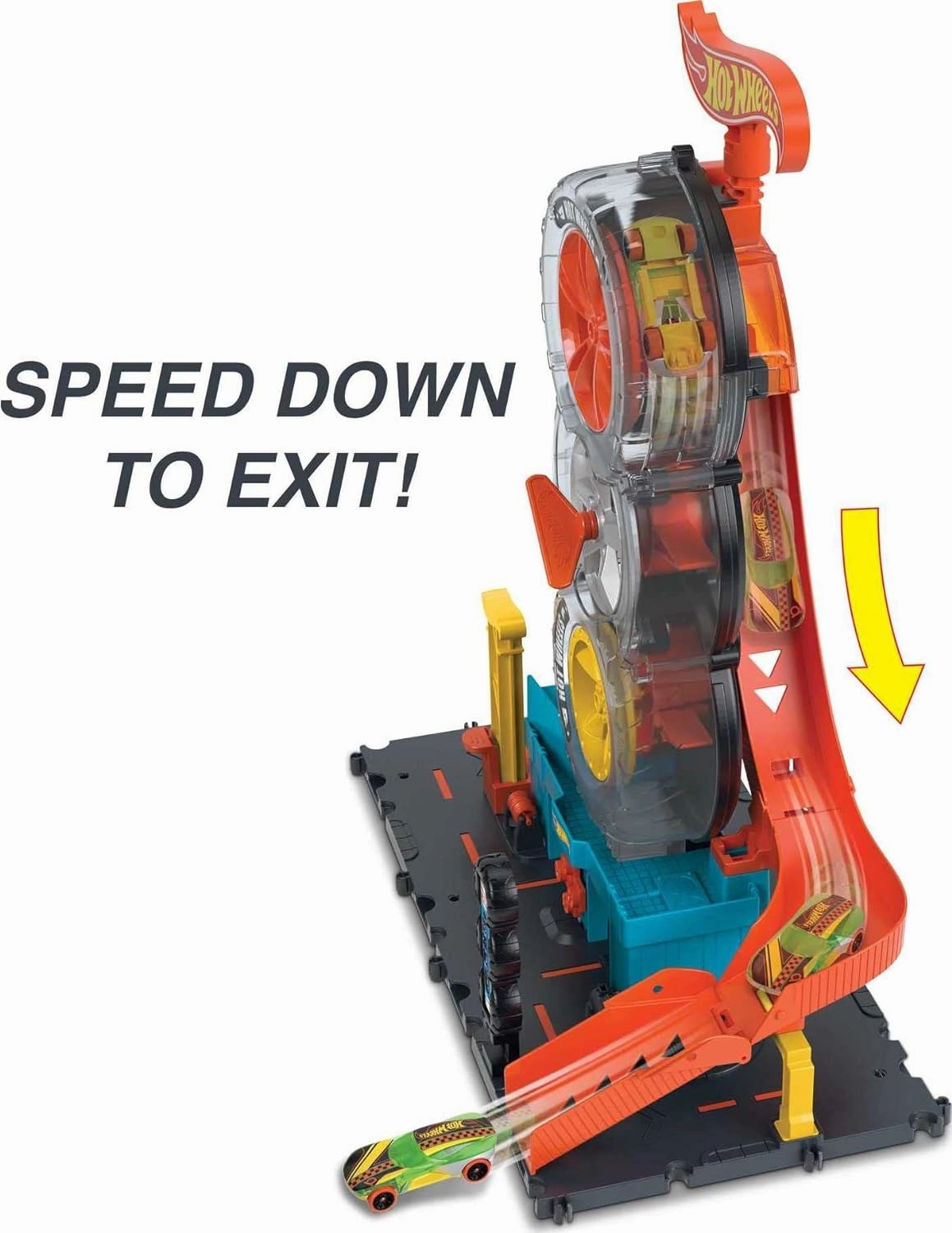 Hot Wheels City Super Twist Tire Shop Playset, Spin The Key to Make Cars Travel Through The Tires, Includes 1 Hot Wheels Car, Gift for Kids 4 to 8 Years Old