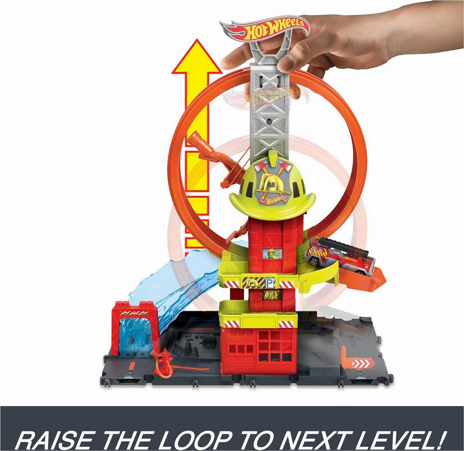 Hot Wheels City with 1 Toy Car, Kid-Powered Elevator, Water-Like Ramp, Track-Play Features, Connects to Other Sets, Fire Station with Super Loop For Ages 4 