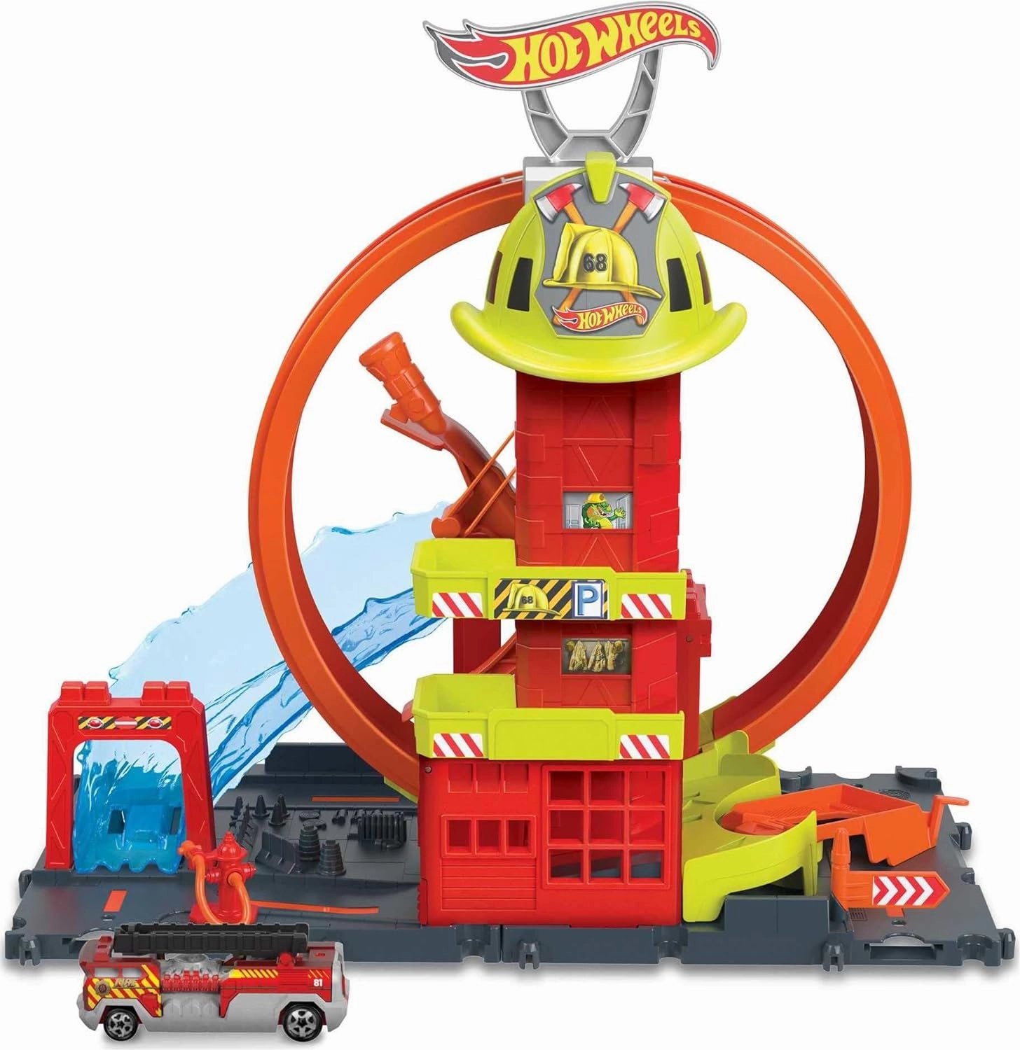 Hot Wheels City with 1 Toy Car, Kid-Powered Elevator, Water-Like Ramp, Track-Play Features, Connects to Other Sets, Fire Station with Super Loop For Ages 4 