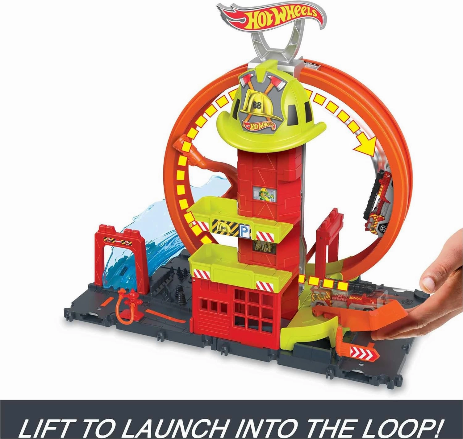 Hot Wheels City with 1 Toy Car, Kid-Powered Elevator, Water-Like Ramp, Track-Play Features, Connects to Other Sets, Fire Station with Super Loop For Ages 4 