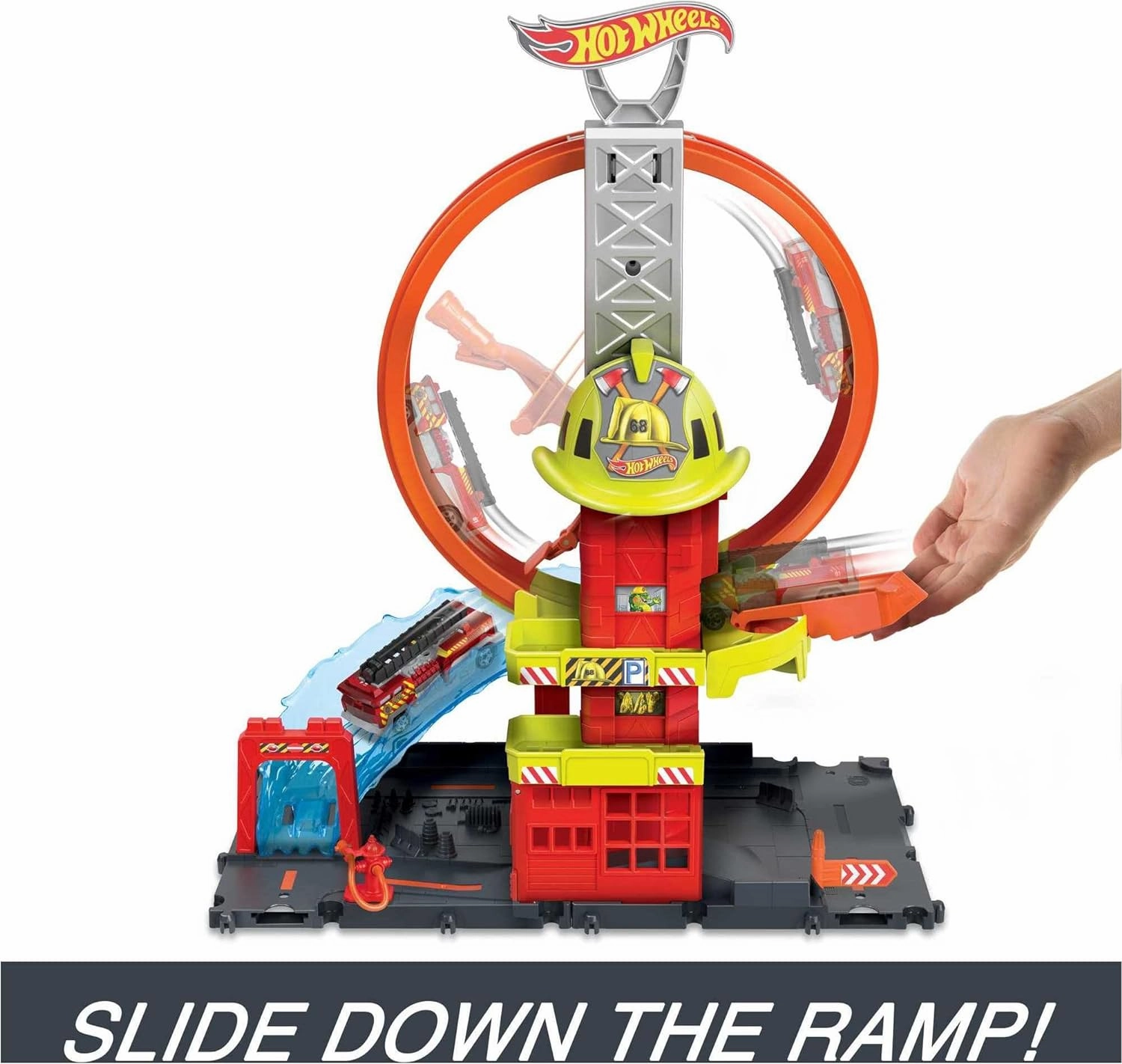Hot Wheels City with 1 Toy Car, Kid-Powered Elevator, Water-Like Ramp, Track-Play Features, Connects to Other Sets, Fire Station with Super Loop For Ages 4 