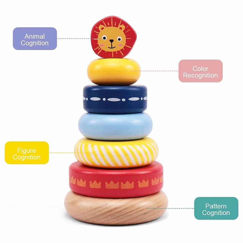 LEO & FRIENDS Lion-Top Wooden Stacking Ring Toy - Colorful