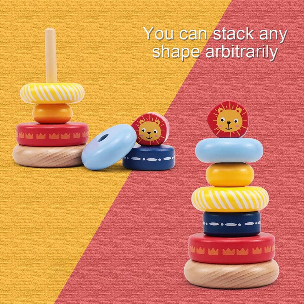 LEO & FRIENDS Lion-Top Wooden Stacking Ring Toy - Colorful