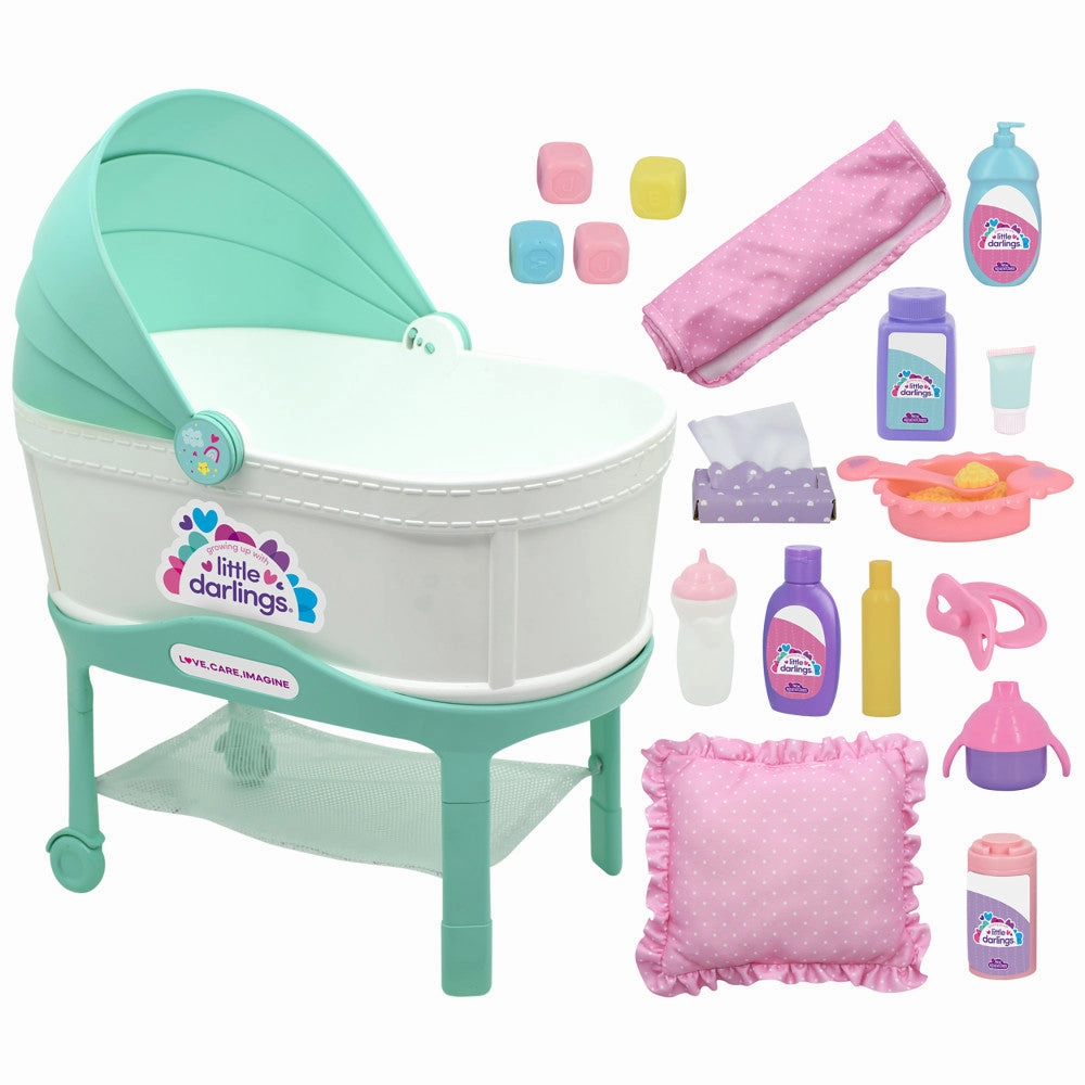 Little Darlings 12-Inch Bassinet Baby Doll Set - Teal, Pink, Stars