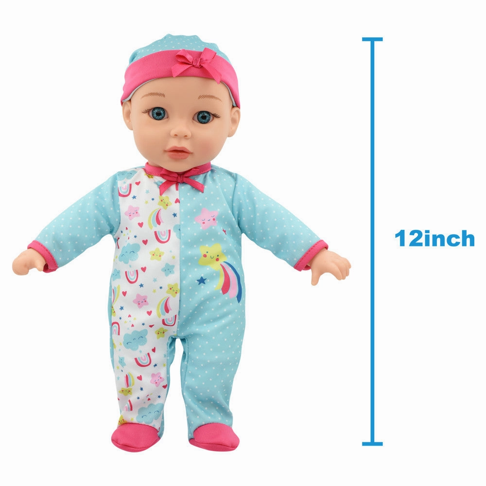 Little Darlings 12-Inch Bassinet Baby Doll Set - Teal, Pink, Stars