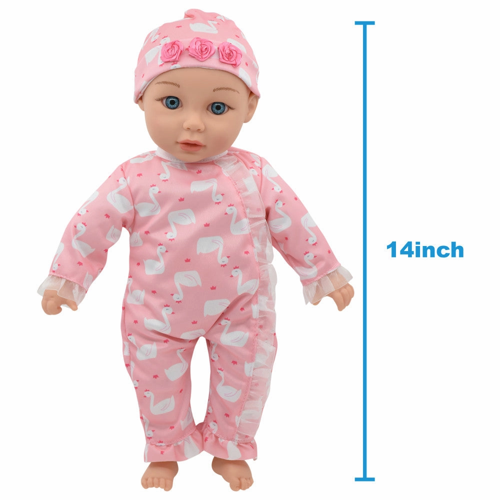 Little Darlings 14-inch Kiss N Tickles Baby Doll - Pink Swan Onesie