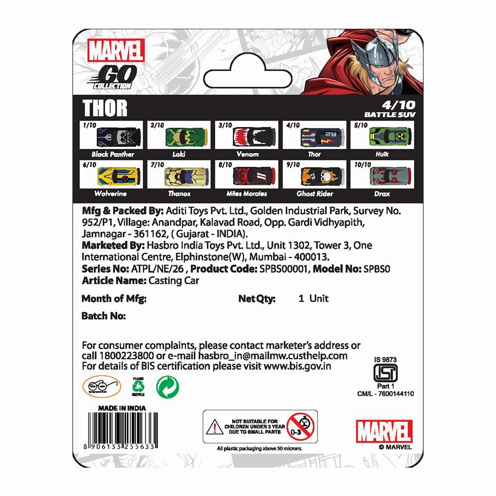 Marvel Go 1:64 Diecast Thor Battle SUV Toy Car for Collection for Ages 3 years and up