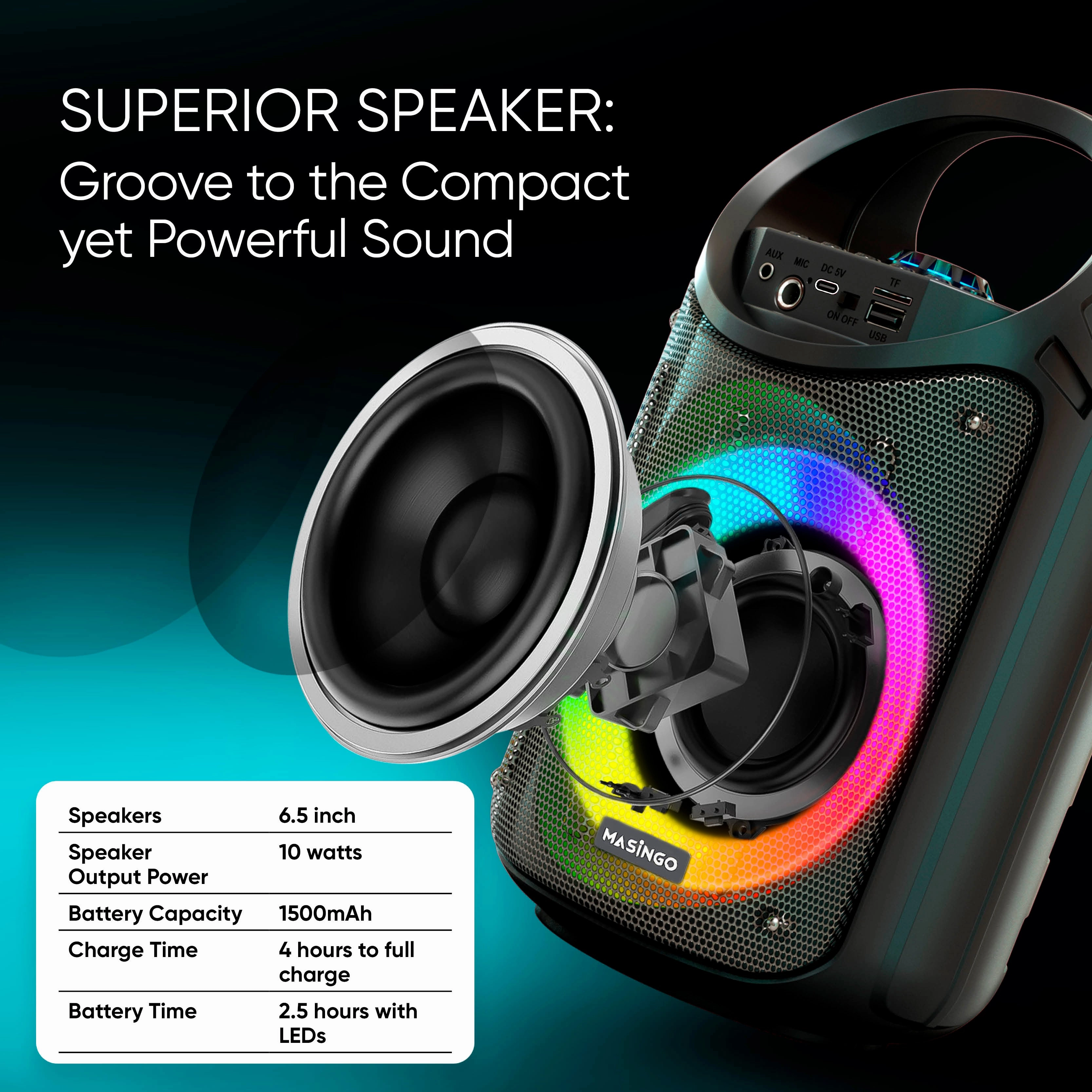 Masingo Burletta C10 Portable Karaoke Machine with LED Lights - Black