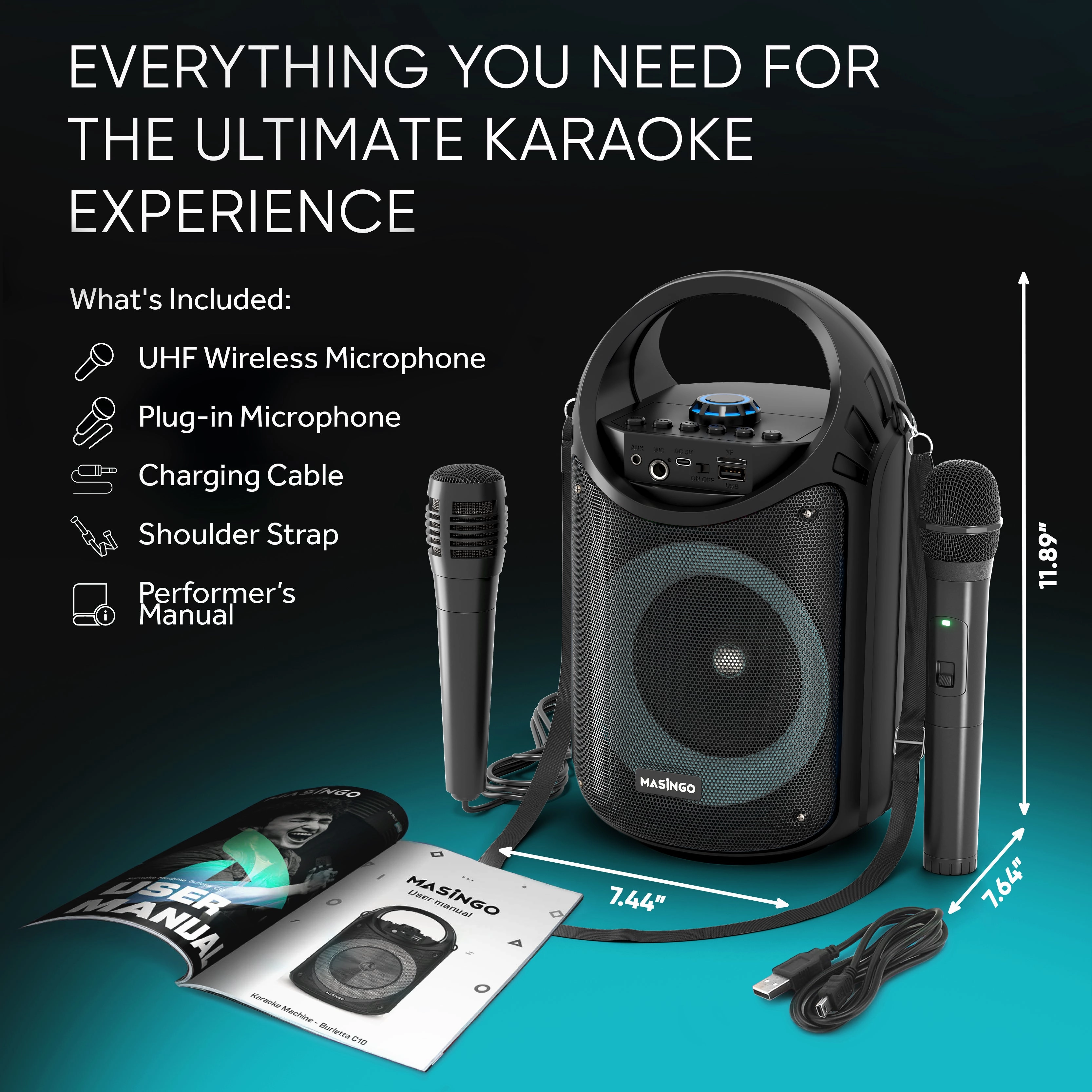 Masingo Burletta C10 Portable Karaoke Machine with LED Lights - Black