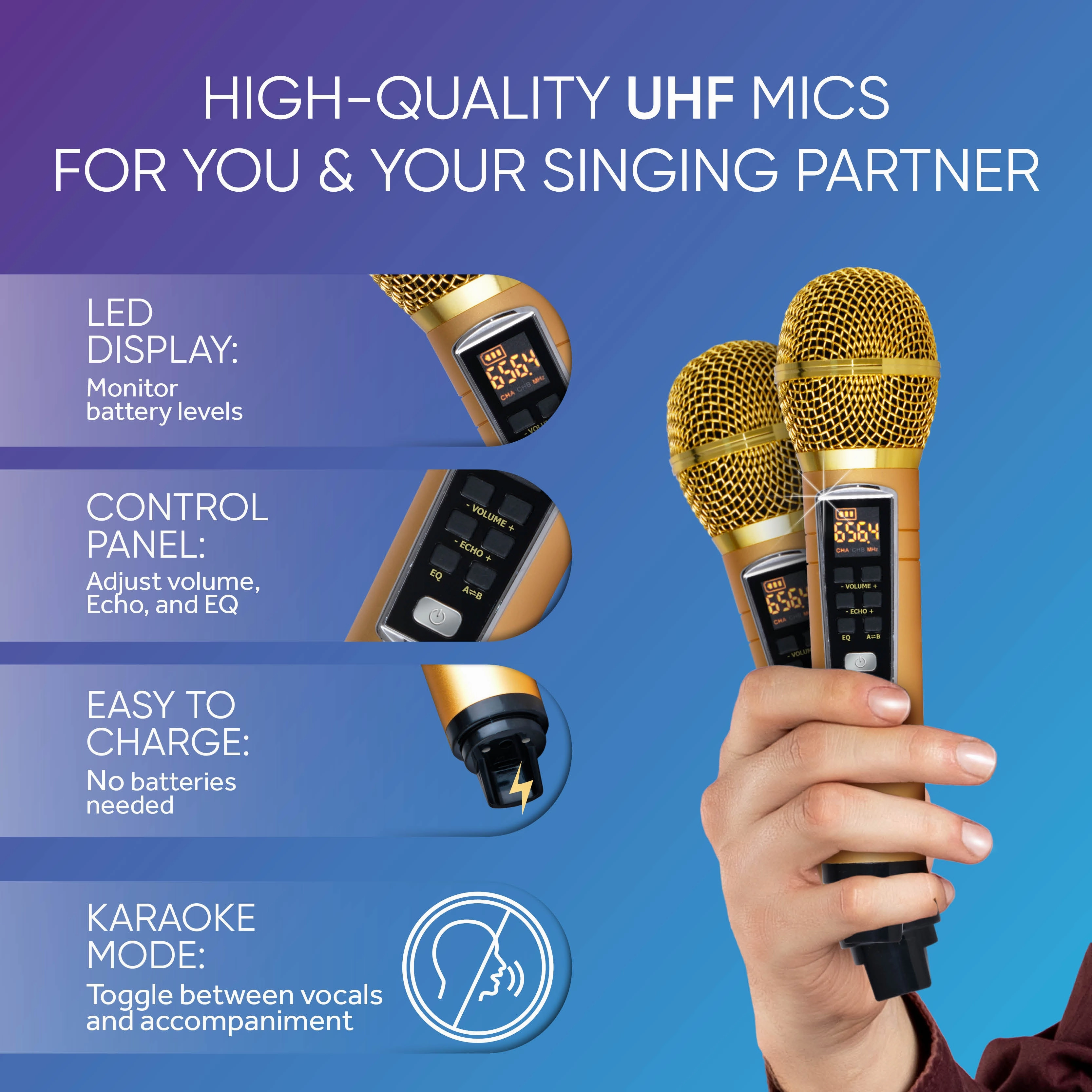 Masingo Presto G2 Gold Portable Karaoke Machine with Dual Wireless Microphones