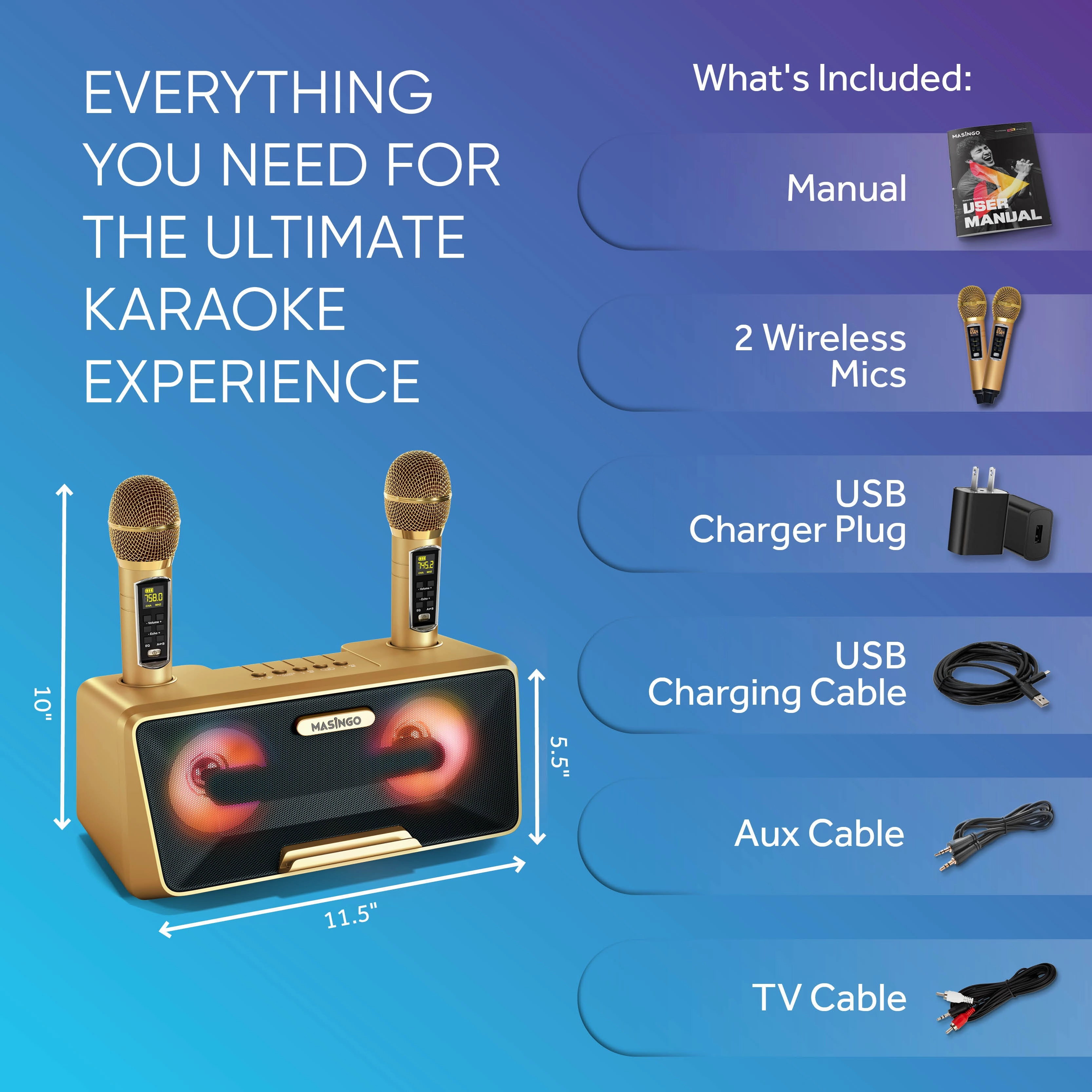 Masingo Presto G2 Gold Portable Karaoke Machine with Dual Wireless Microphones