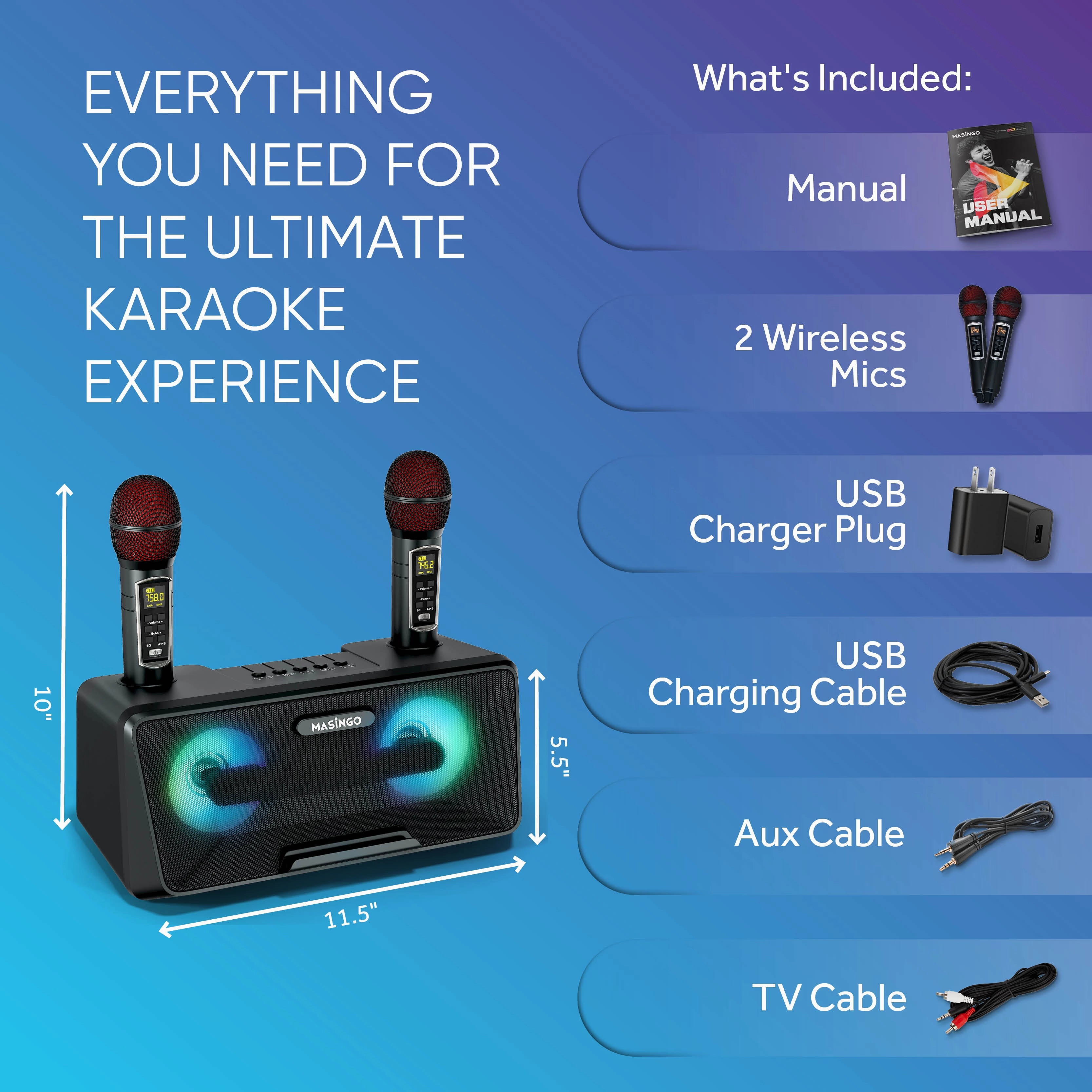 Masingo Presto G2 Portable Karaoke Machine with Dual Wireless Microphones - Black
