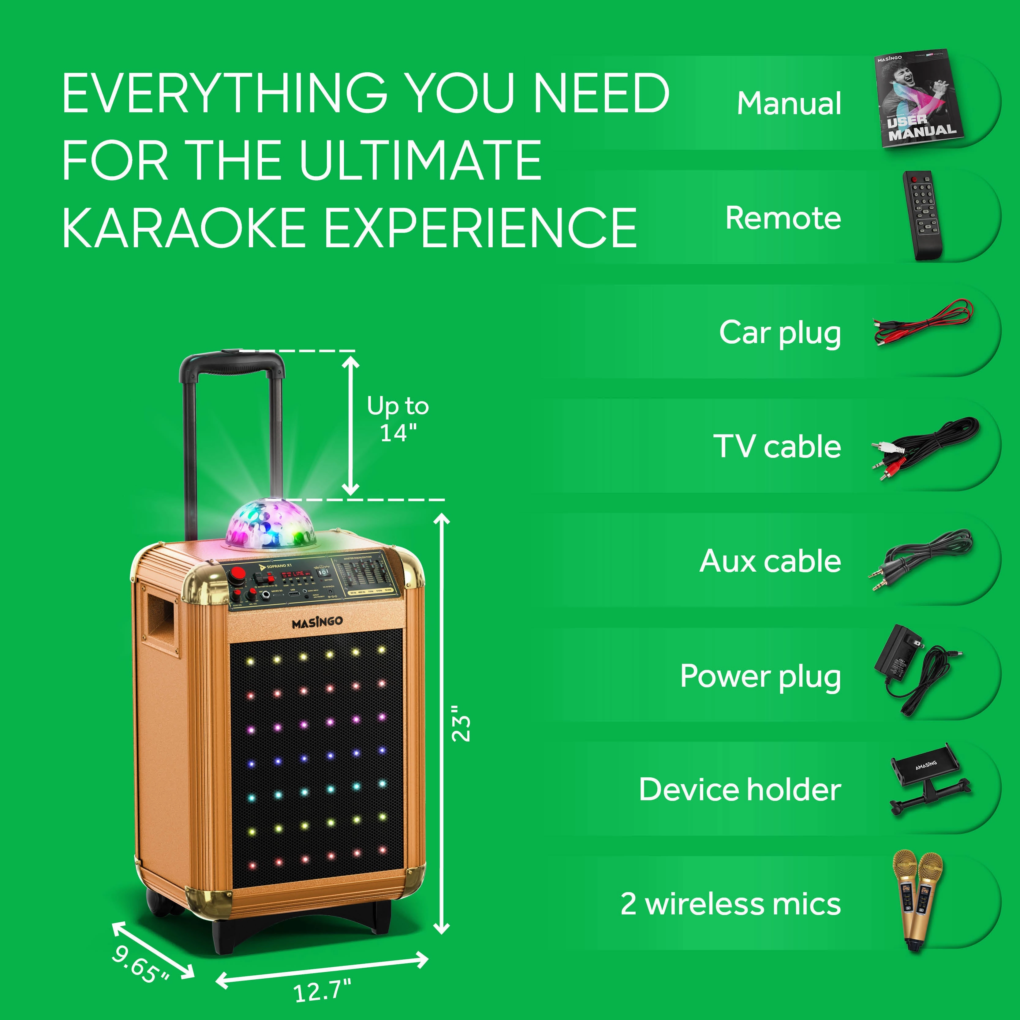 Masingo Soprano X1 Gold Portable Karaoke Machine with Bluetooth