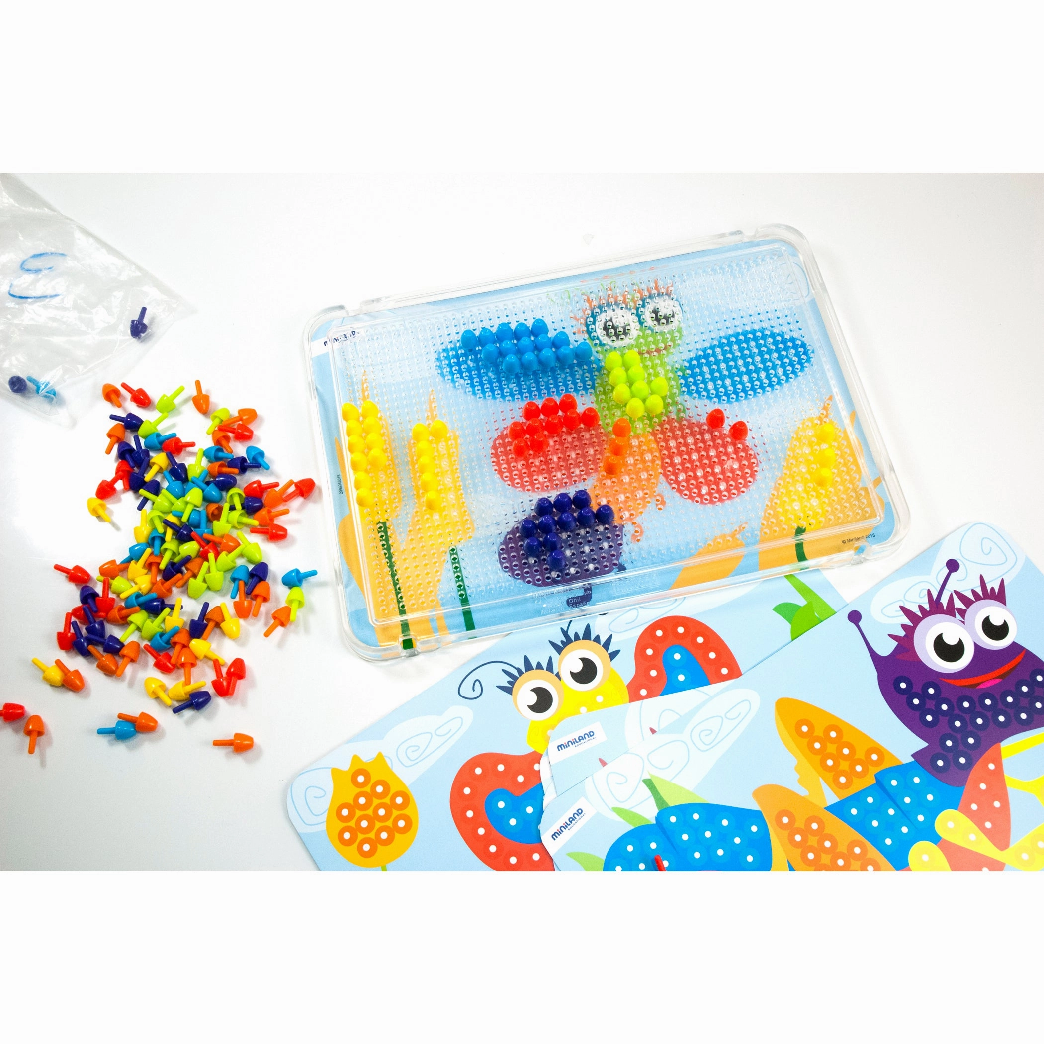 Miniland Educational Pegs Set - 3/8" Pegs with 6 Pattern Cards and 180 Pegs