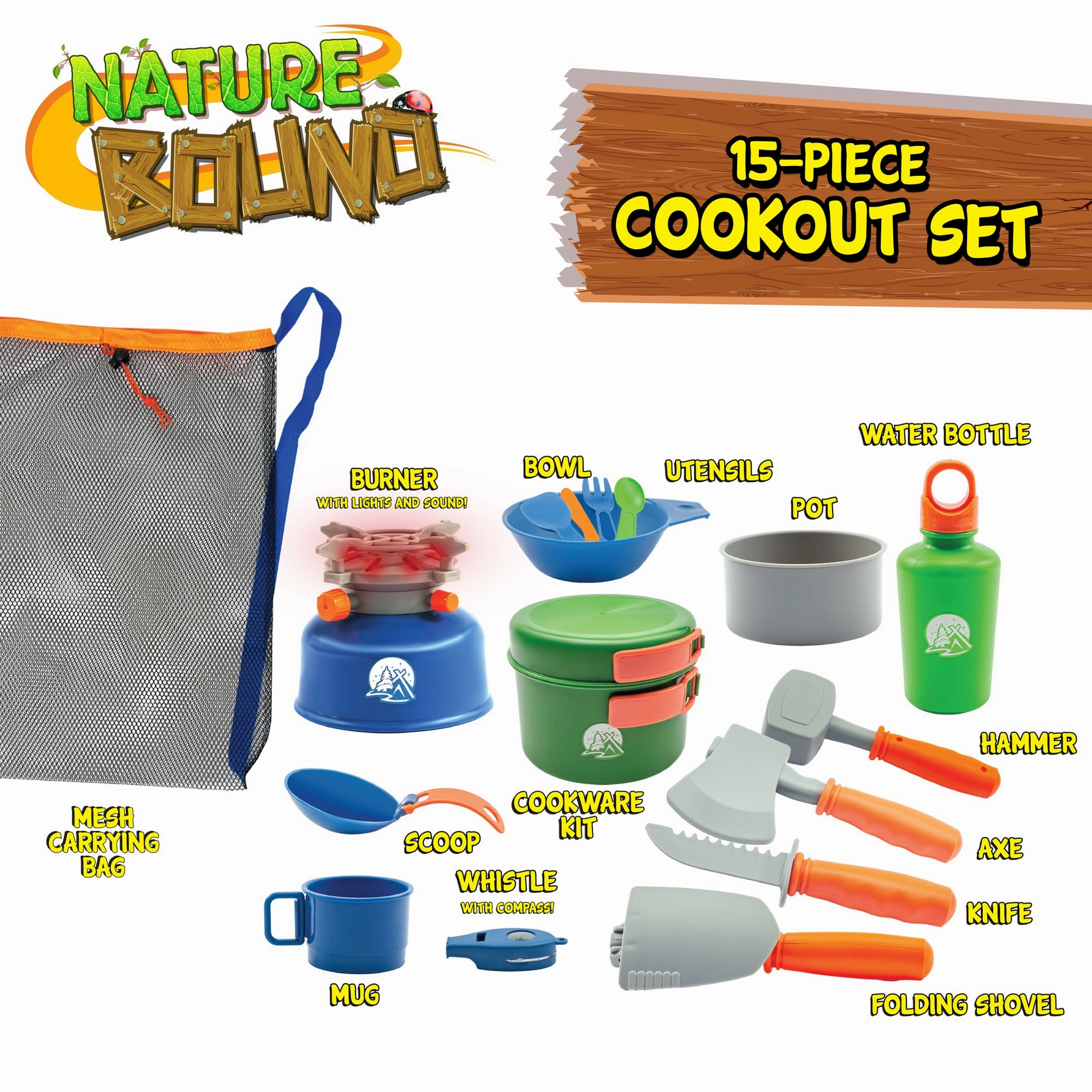 Nature Bound Camp Cookout Set with Light & Sound Burner for Kids, 15pc Set