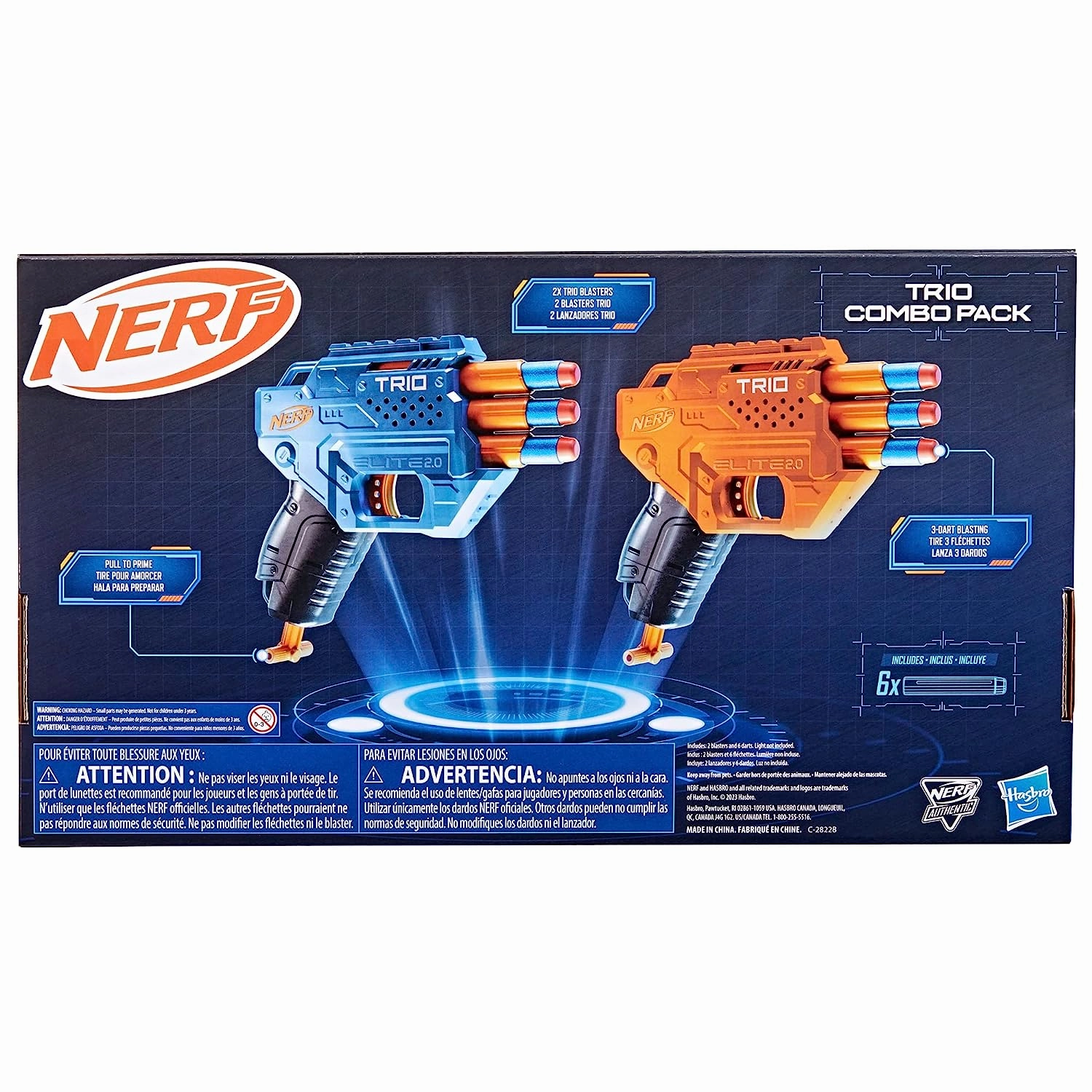 Nerf Elite 2.0 Trio Combo Pack, 2 Trio Nerf Blasters, 6 Nerf Elite Darts, Pull Down Priming, Toy Foam Blaster for Kids Outdoor Games